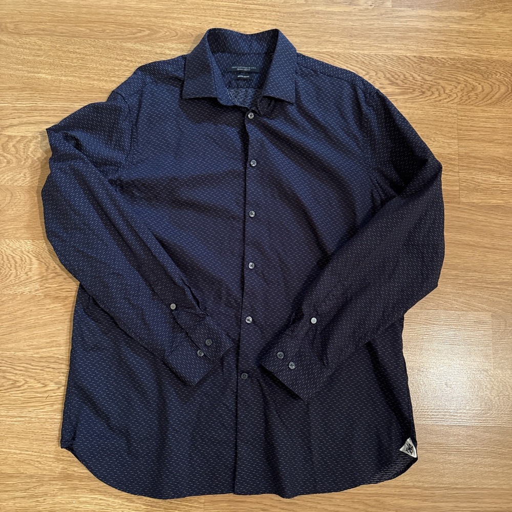 John Varvatos Shirt Men's 16.5 ‎ 34/35 Blue/White Signature Tailored Regular Fit
